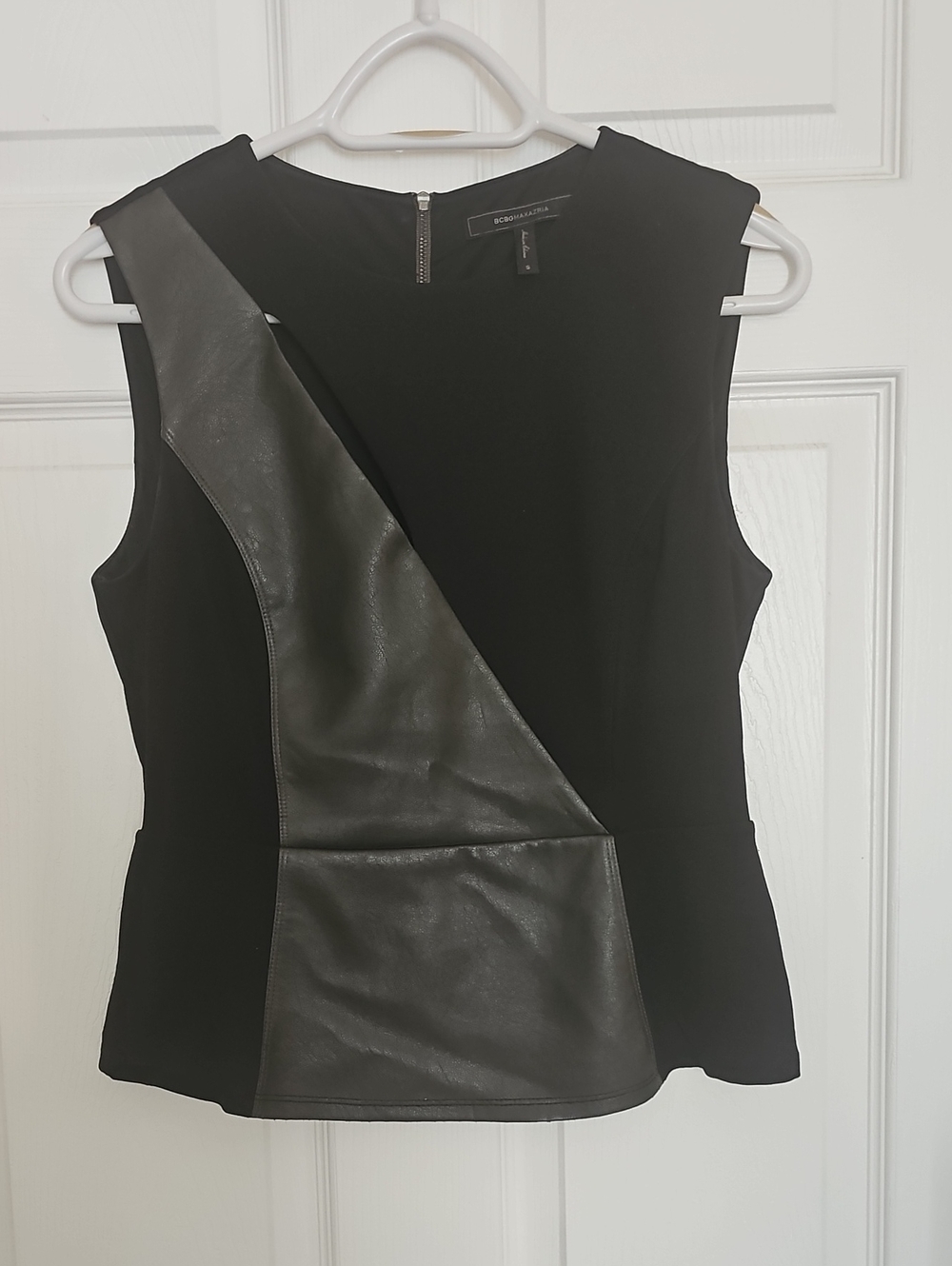 BCBGMaxAzria Black Sleeveless Faux-Leather Panel Top